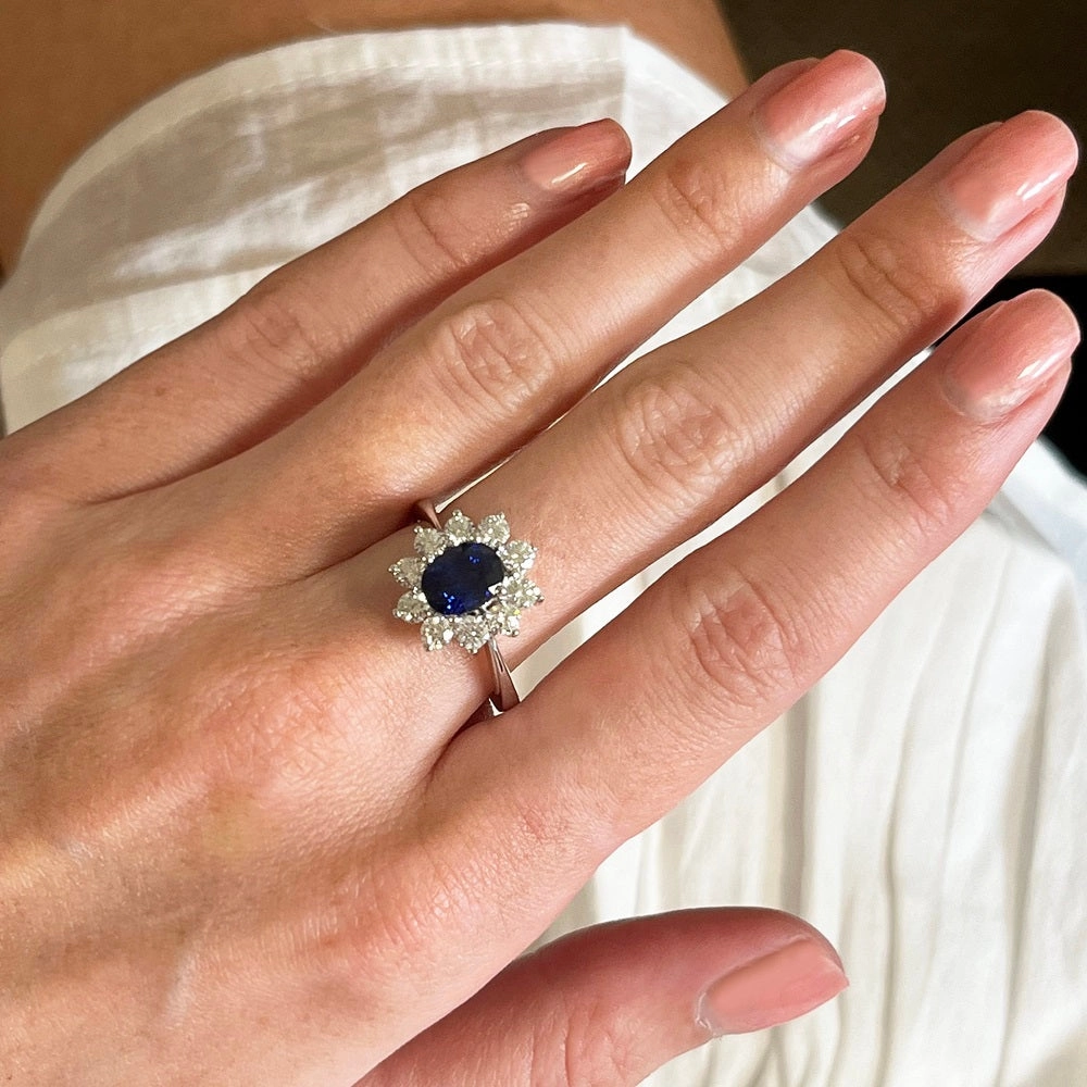 Pre Owned 18ct White Gold 1.20cts Sapphire & 0.96cts Diamond Cluster Ring