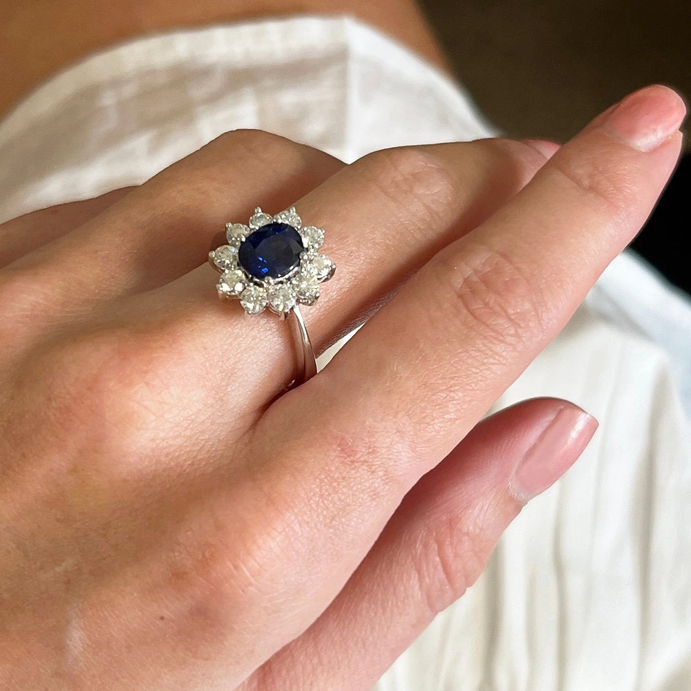 Pre Owned 18ct White Gold 1.20cts Sapphire & 0.96cts Diamond Cluster Ring