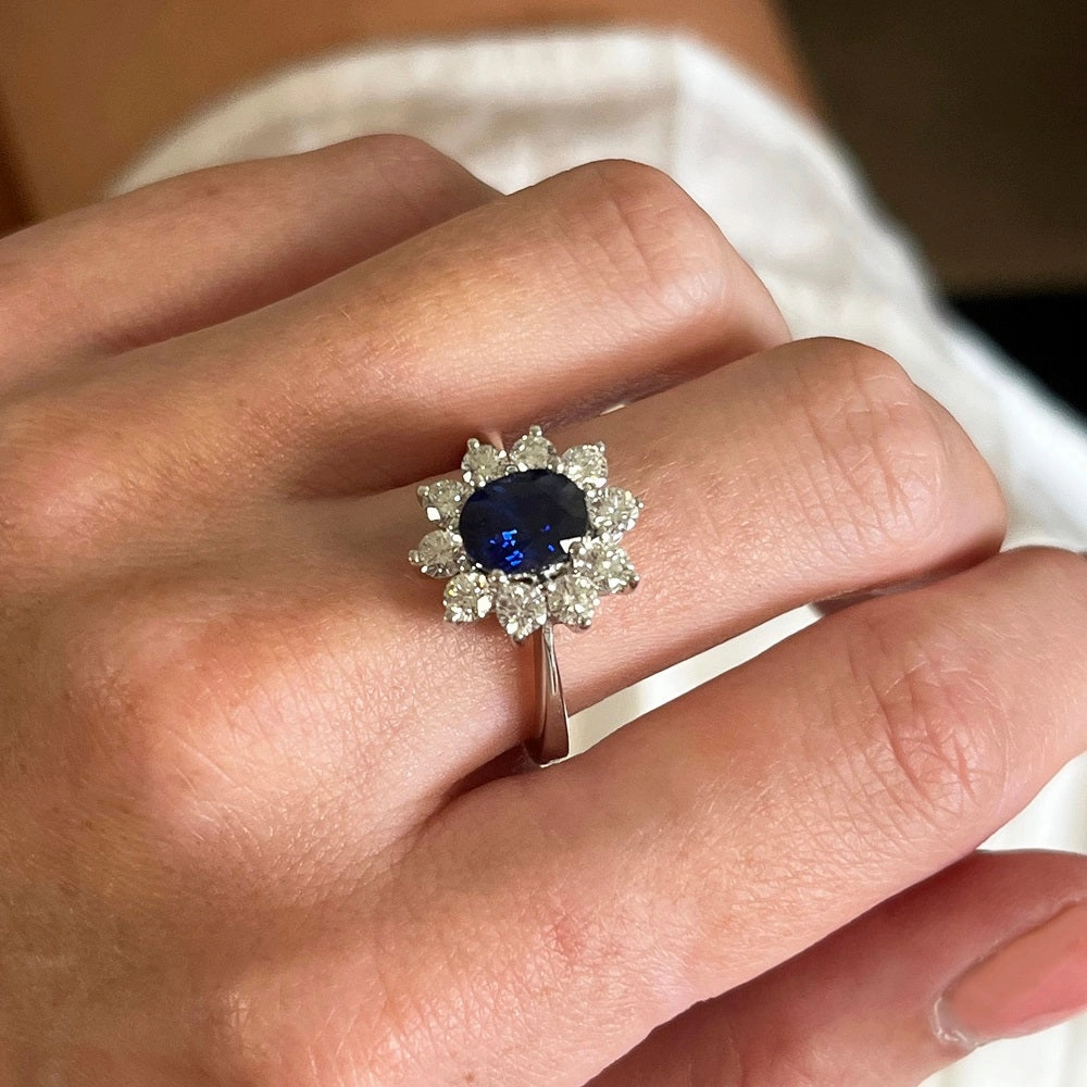 Pre Owned 18ct White Gold 1.20cts Sapphire & 0.96cts Diamond Cluster Ring