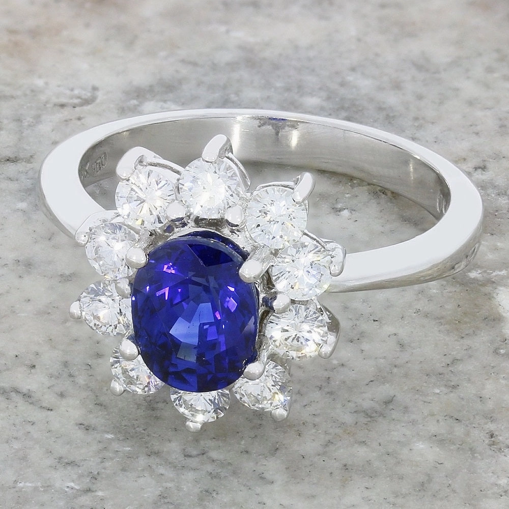 Pre Owned 18ct White Gold 1.20cts Sapphire & 0.96cts Diamond Cluster Ring