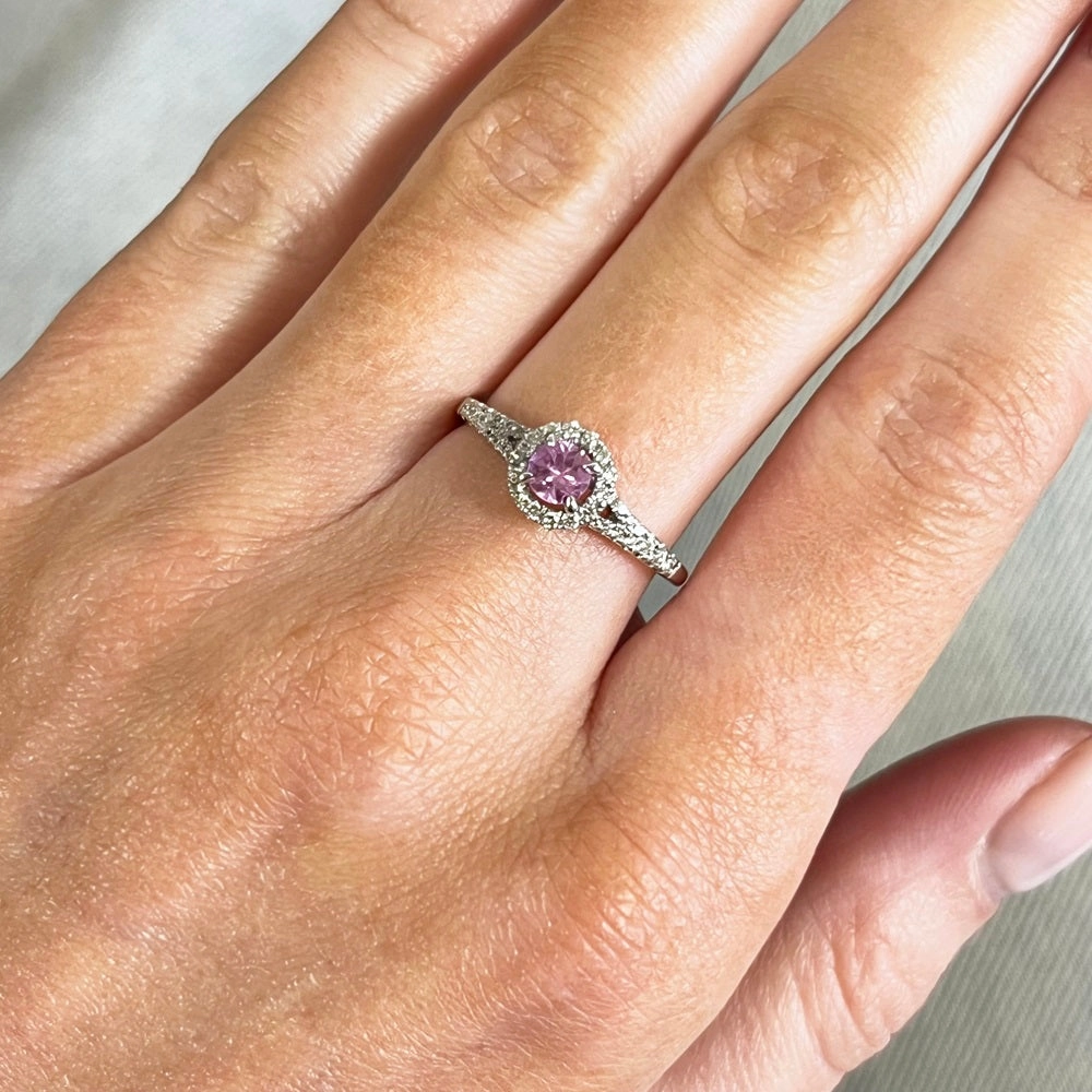 Pre Owned 18ct White Gold Pink Sapphire and Diamond Halo Cluster Ring