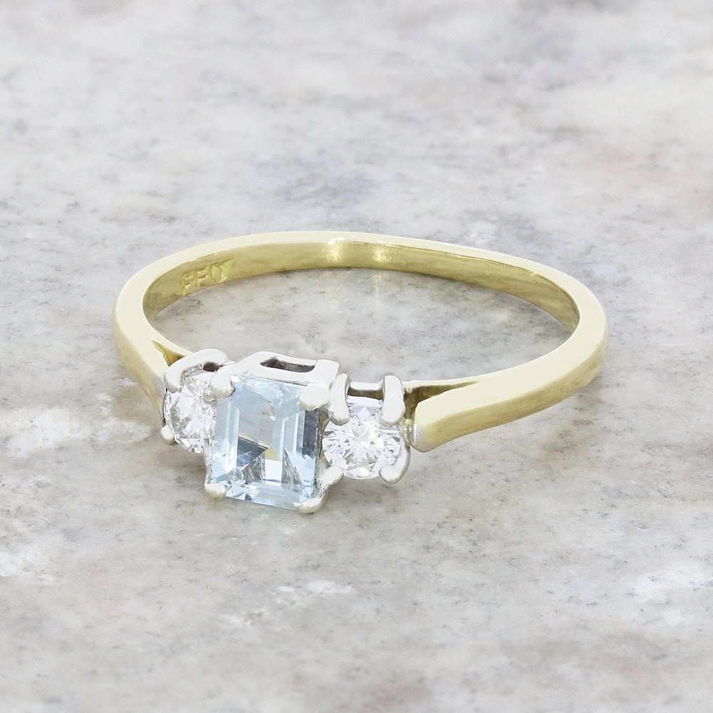 Pre Owned 18ct Yellow Gold Aquamarine and Diamond Trilogy Ring