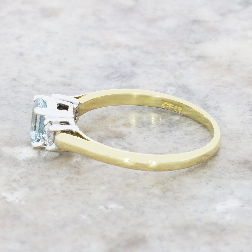 Pre Owned 18ct Yellow Gold Aquamarine and Diamond Trilogy Ring
