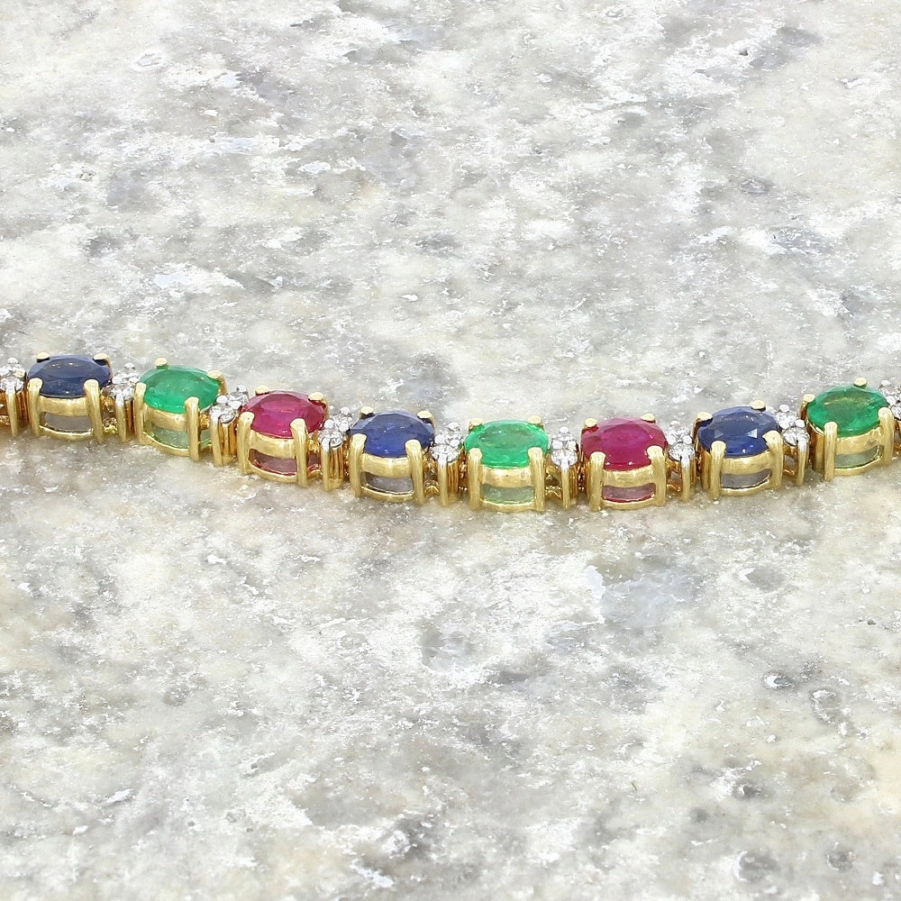 Pre Owned 18ct Yellow Gold Ruby Emerald Sapphire and Diamond Line Tennis Bracelet