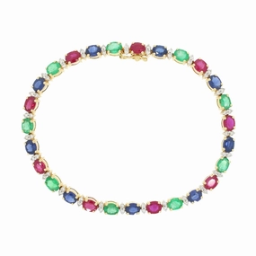 Pre Owned 18ct Yellow Gold Ruby Emerald Sapphire and Diamond Line Tennis Bracelet