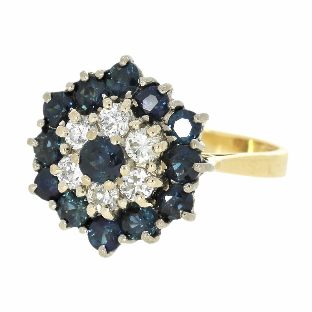 Pre Owned 18ct Yellow Gold Sapphire And 0.25cts Diamond Cluster Ring