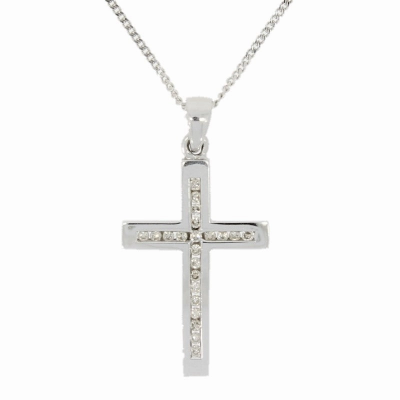 Pre Owned 9ct White Gold 0.25ct Diamond Set Cross Pendant And Chain Necklace