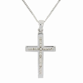 Pre Owned 9ct White Gold 0.25ct Diamond Set Cross Pendant And Chain Necklace