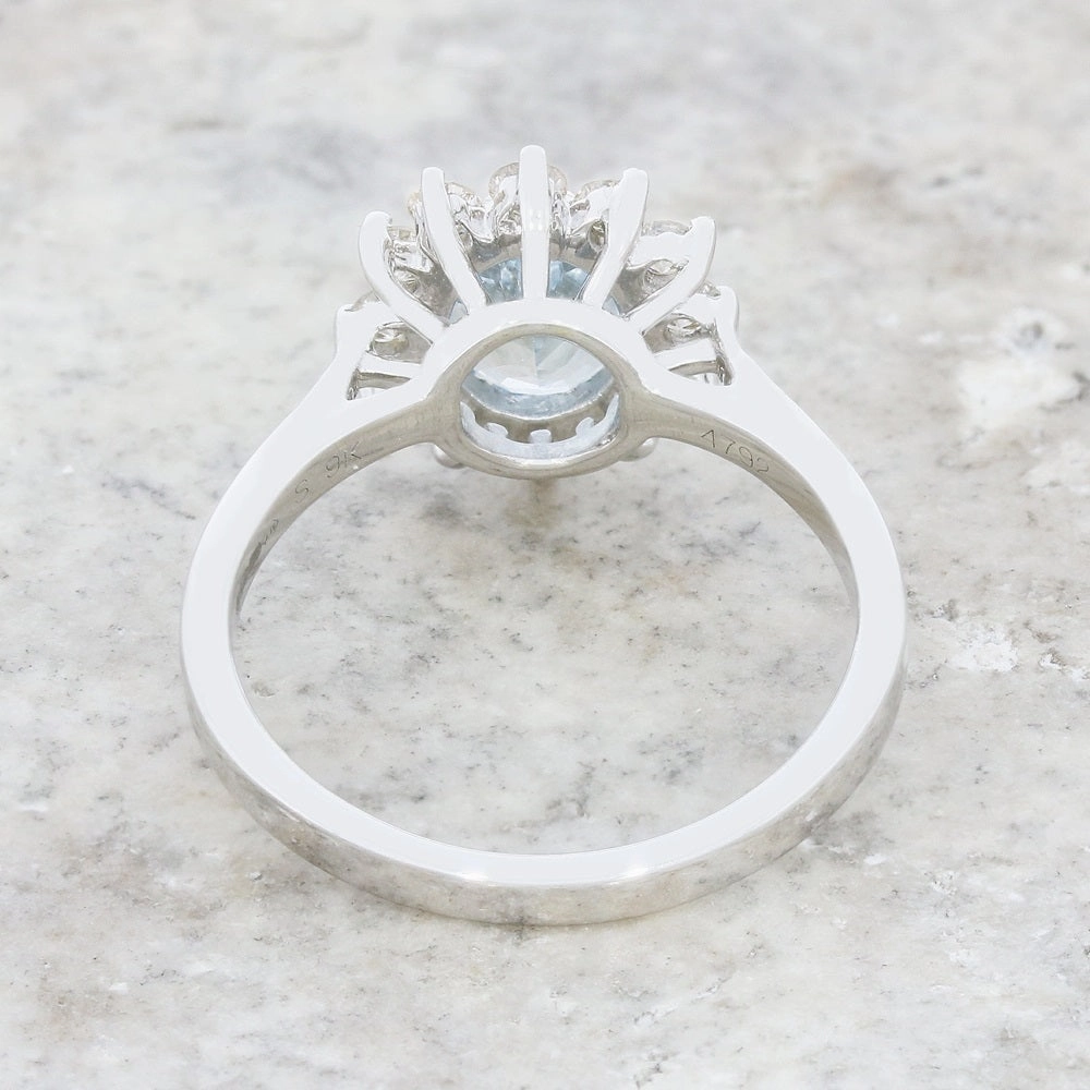 Pre Owned 9ct White Gold 0.90ct Aquamarine and 0.50cts Diamond Cluster Ring
