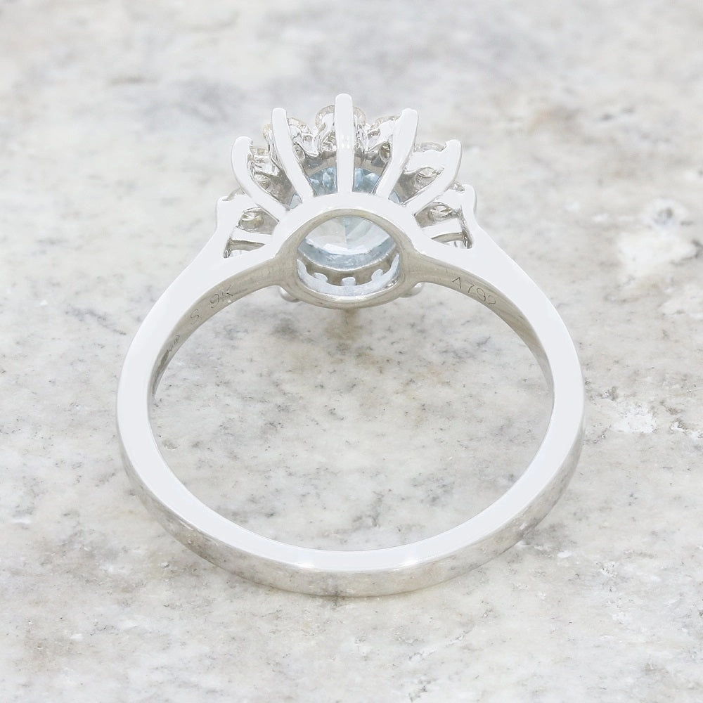 Pre Owned 9ct White Gold 0.90ct Aquamarine and 0.50cts Diamond Cluster Ring