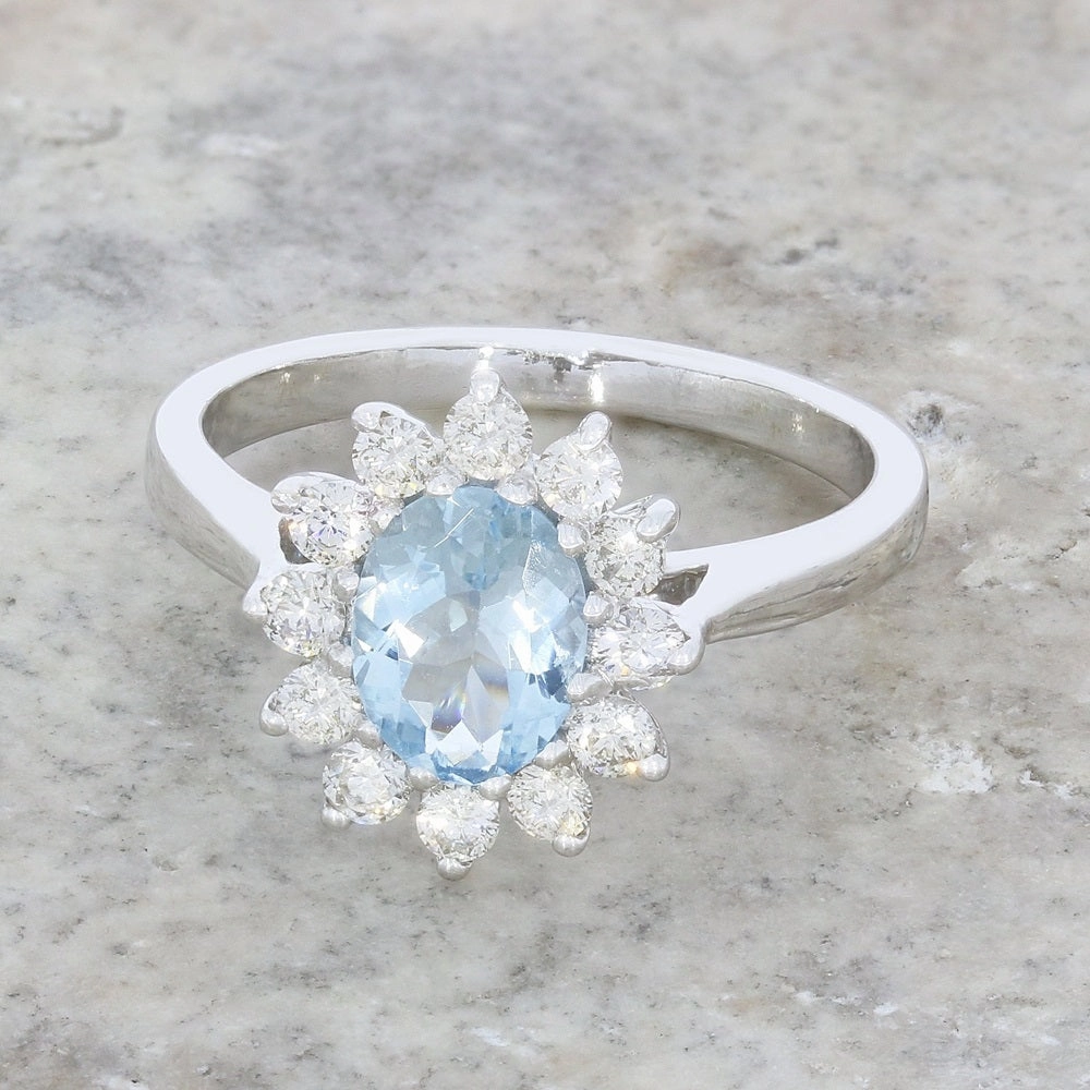Pre Owned 9ct White Gold 0.90ct Aquamarine and 0.50cts Diamond Cluster Ring