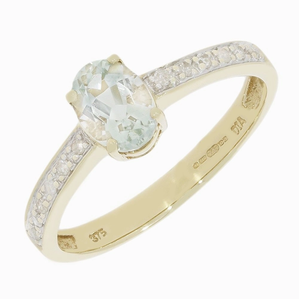 Pre Owned 9ct Yellow Gold Aquamarine and Diamond Solitaire Ring