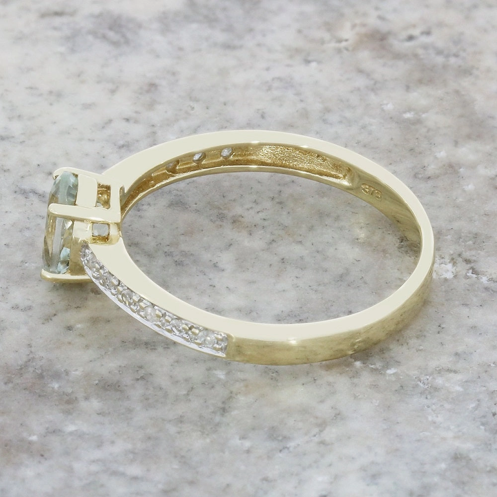 Pre Owned 9ct Yellow Gold Aquamarine and Diamond Solitaire Ring