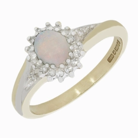 Pre Owned 9ct Yellow Gold Opal and Diamond Cluster Ring