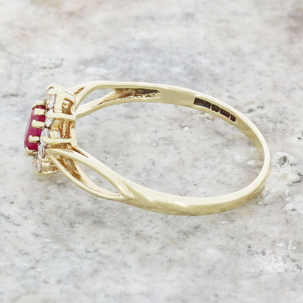 Pre Owned 9ct Yellow Gold Ruby and Cubic Zirconia Cluster Ring