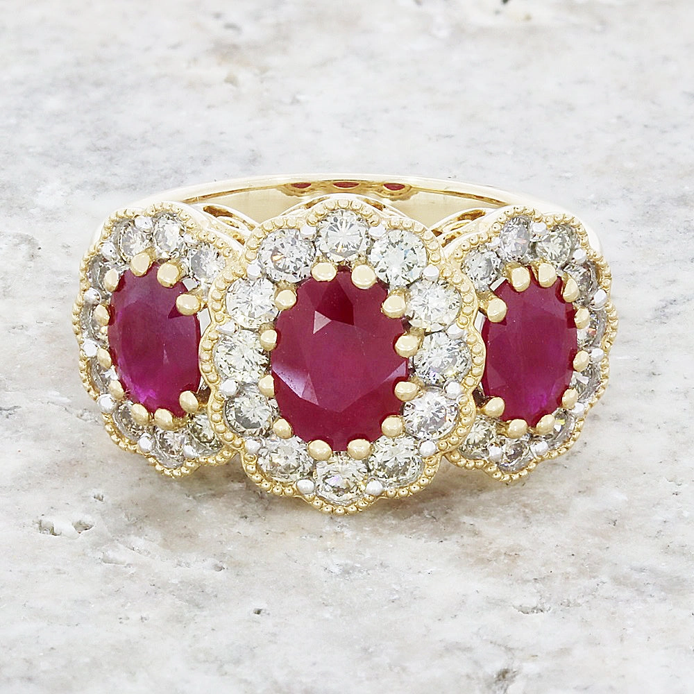 Pre Owned 9ct Yellow Gold Ruby and Diamond Triple Cluster Ring