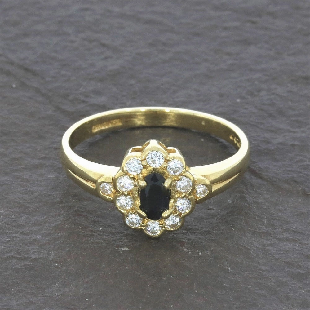 Pre Owned 9ct Yellow Gold Sapphire and 0.25cts Diamond Cluster Ring