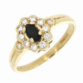Pre Owned 9ct Yellow Gold Sapphire and 0.25cts Diamond Cluster Ring