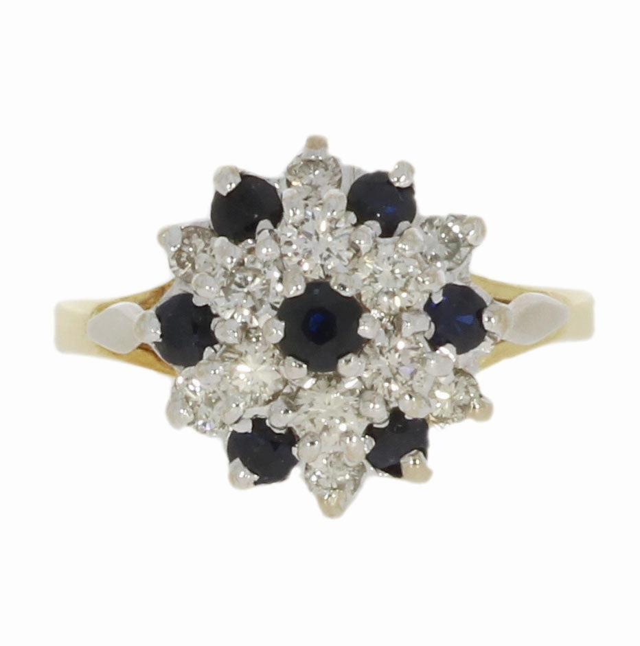 Pre Owned 9ct Yellow Gold Sapphire and 0.45cts Diamond Cluster Ring
