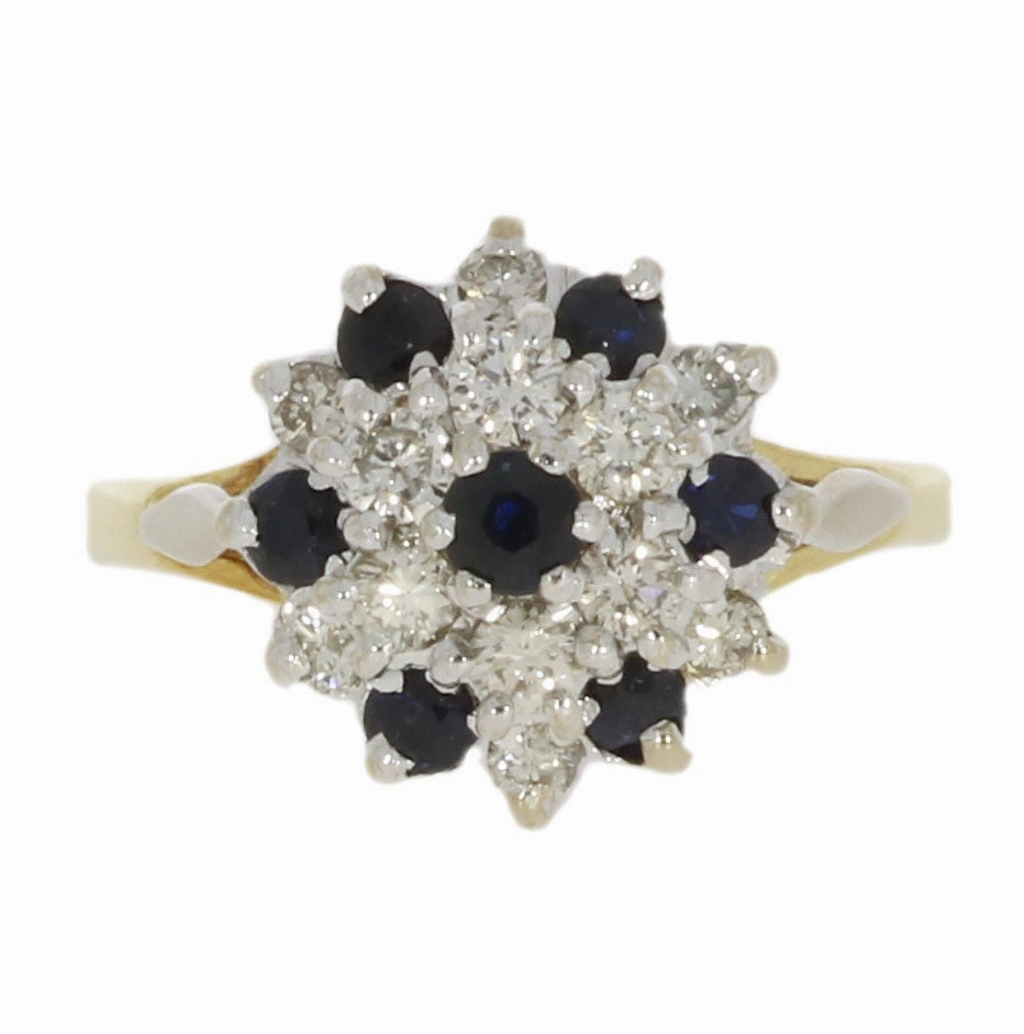 Pre Owned 9ct Yellow Gold Sapphire and 0.45cts Diamond Cluster Ring