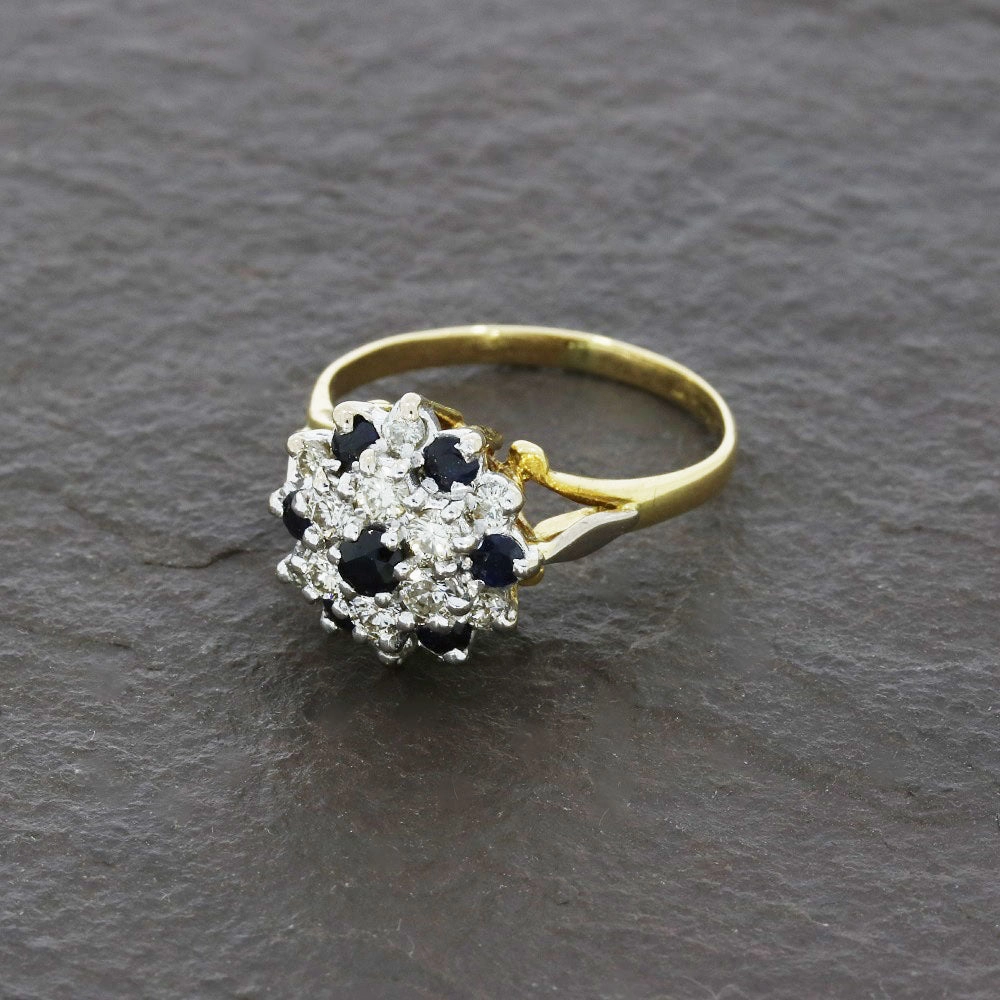 Pre Owned 9ct Yellow Gold Sapphire and 0.45cts Diamond Cluster Ring