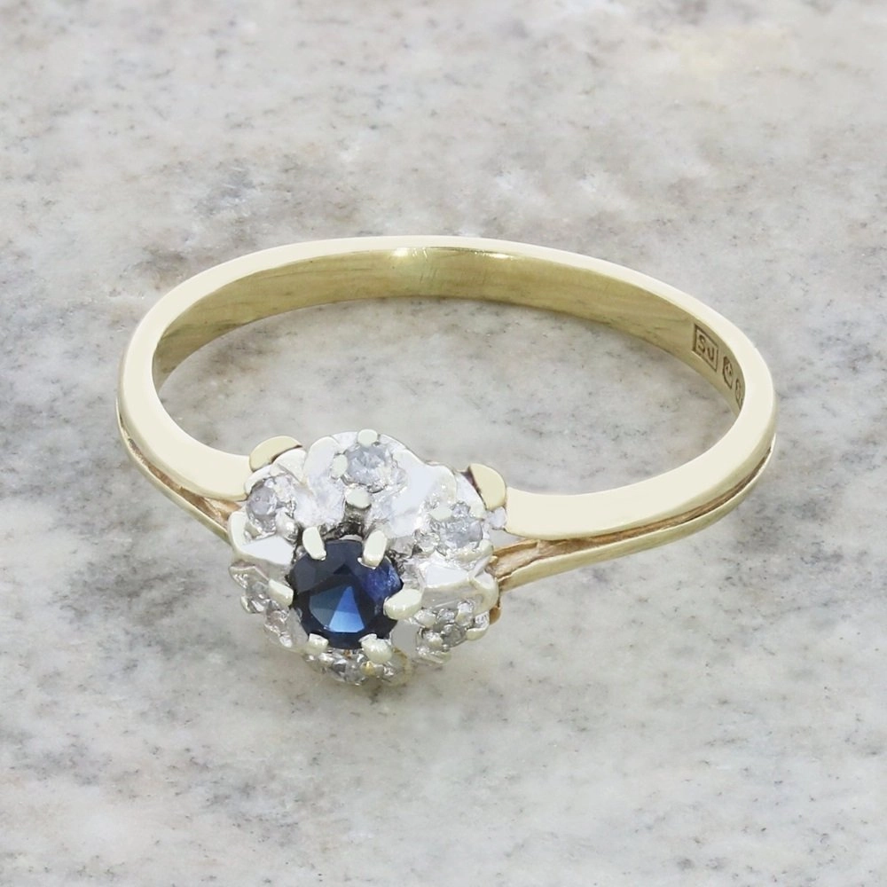 Pre Owned 9ct Yellow Gold Sapphire and Diamond Cluster Ring