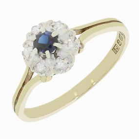 Pre Owned 9ct Yellow Gold Sapphire and Diamond Cluster Ring
