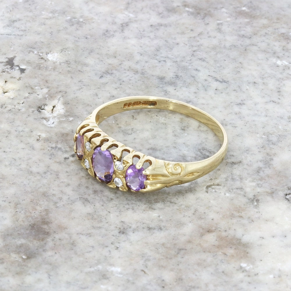 Pre Owned 9ct Yellow Gold Vintage Design Amethyst and Diamond Ring