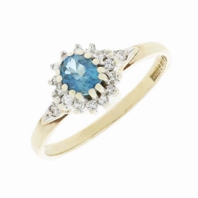Pre Owned Ladies 9ct Yellow Gold Blue Topaz and Diamond Ring