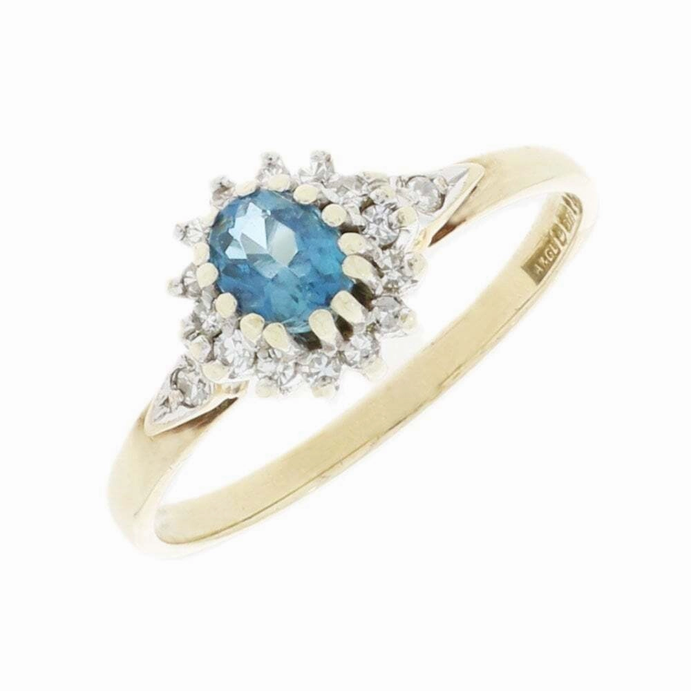 Pre Owned Ladies 9ct Yellow Gold Blue Topaz and Diamond Ring