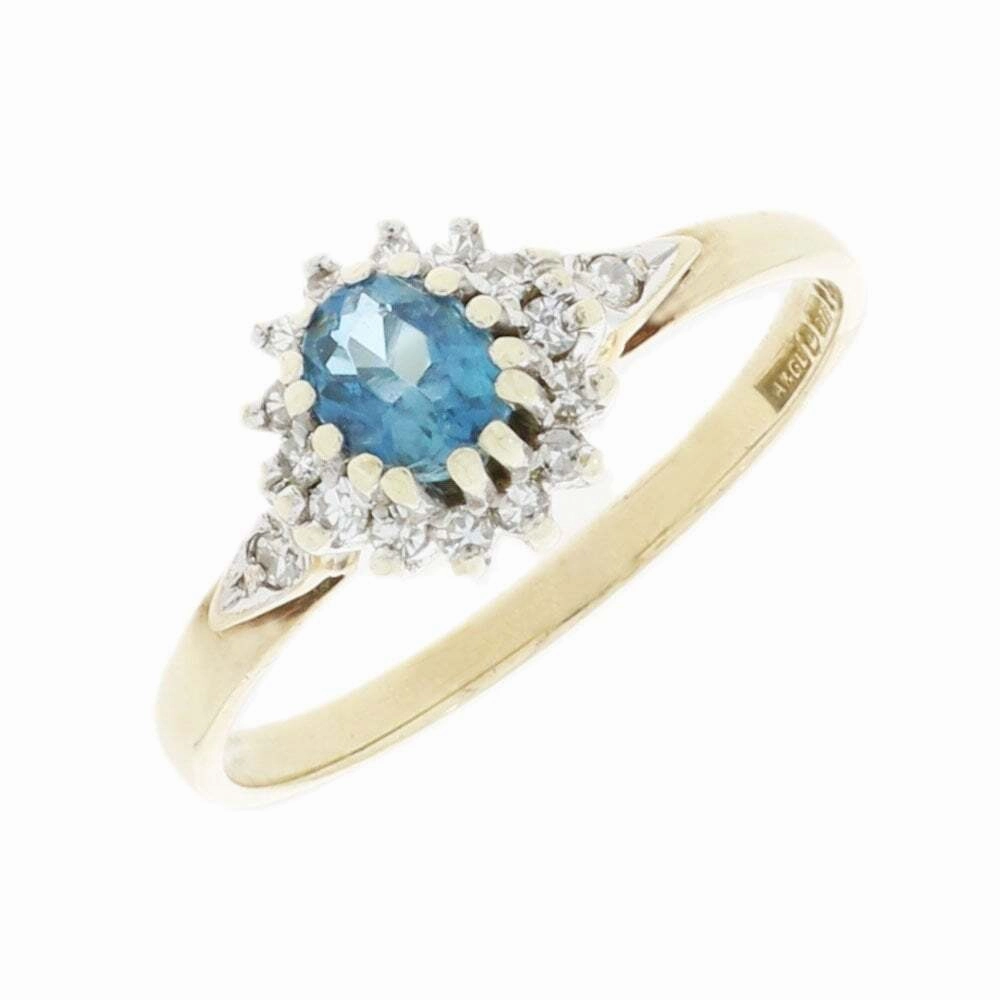 Pre Owned Ladies 9ct Yellow Gold Blue Topaz and Diamond Ring