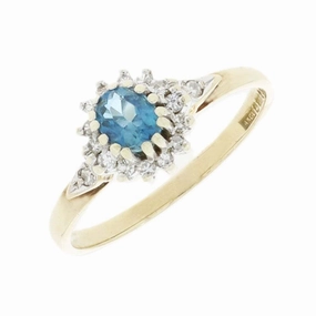 Pre Owned Ladies 9ct Yellow Gold Blue Topaz and Diamond Ring