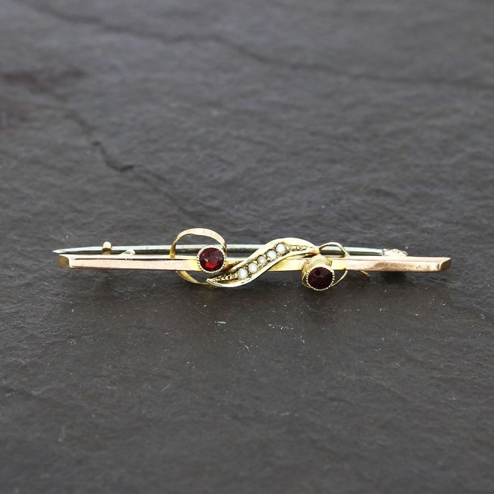 Pre Owned Vintage 9ct Gold Garnet and Seed Pearl Bar Brooch