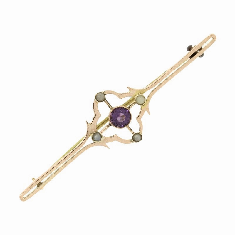 Pre Owned Vintage 9ct Rose Gold Amethyst And Seed Pearl Bar Brooch
