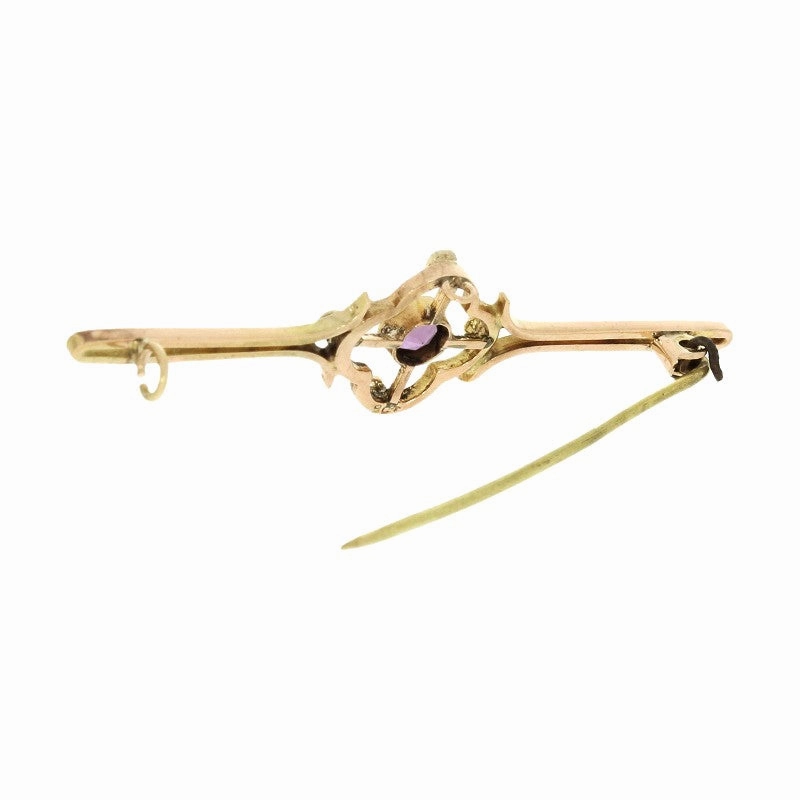 Pre Owned Vintage 9ct Rose Gold Amethyst And Seed Pearl Bar Brooch