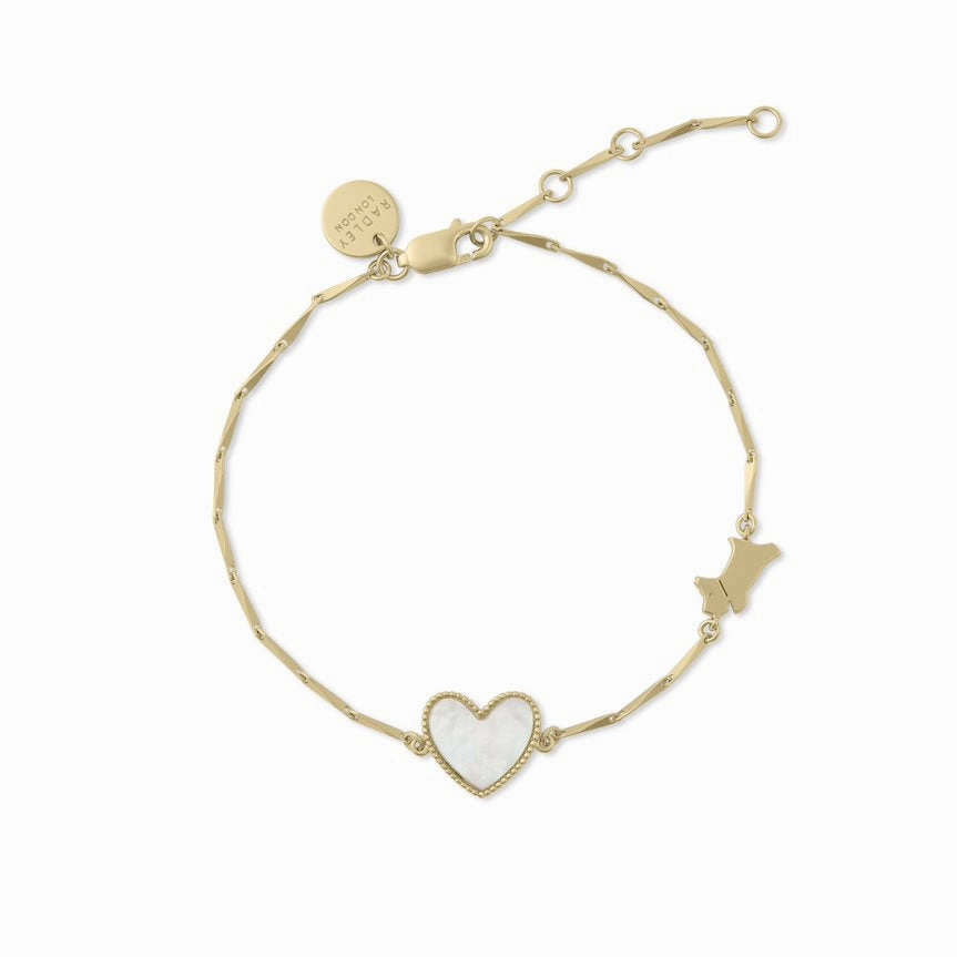 Radley Sterling Silver Mother Of Pearl Heart & Jumping Dog Bracelet RYJ3372 - 18ct Gold Plated