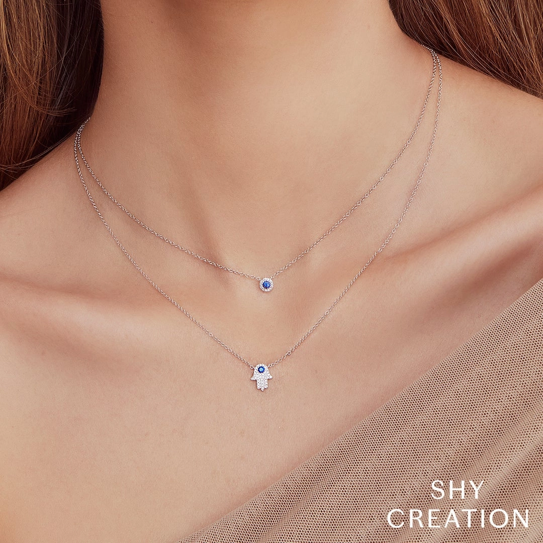 Shy Creation 0.09Ct Diamond & 0.08Ct Blue Sapphire Hamsa Necklace SC55005244