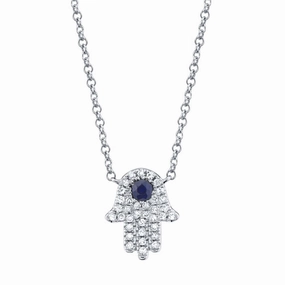 Shy Creation 0.09Ct Diamond & 0.08Ct Blue Sapphire Hamsa Necklace SC55005244