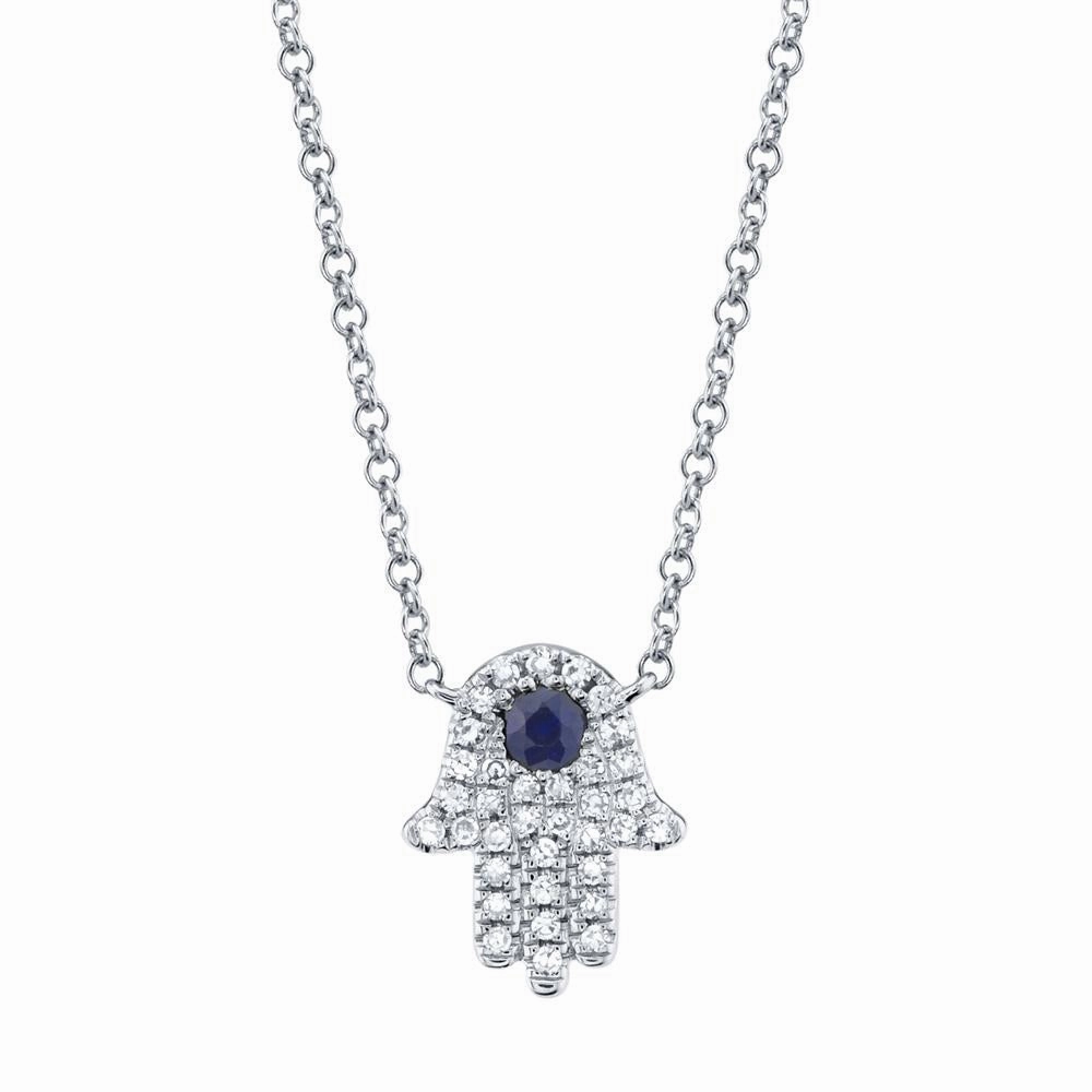 Shy Creation 0.09Ct Diamond & 0.08Ct Blue Sapphire Hamsa Necklace SC55005244