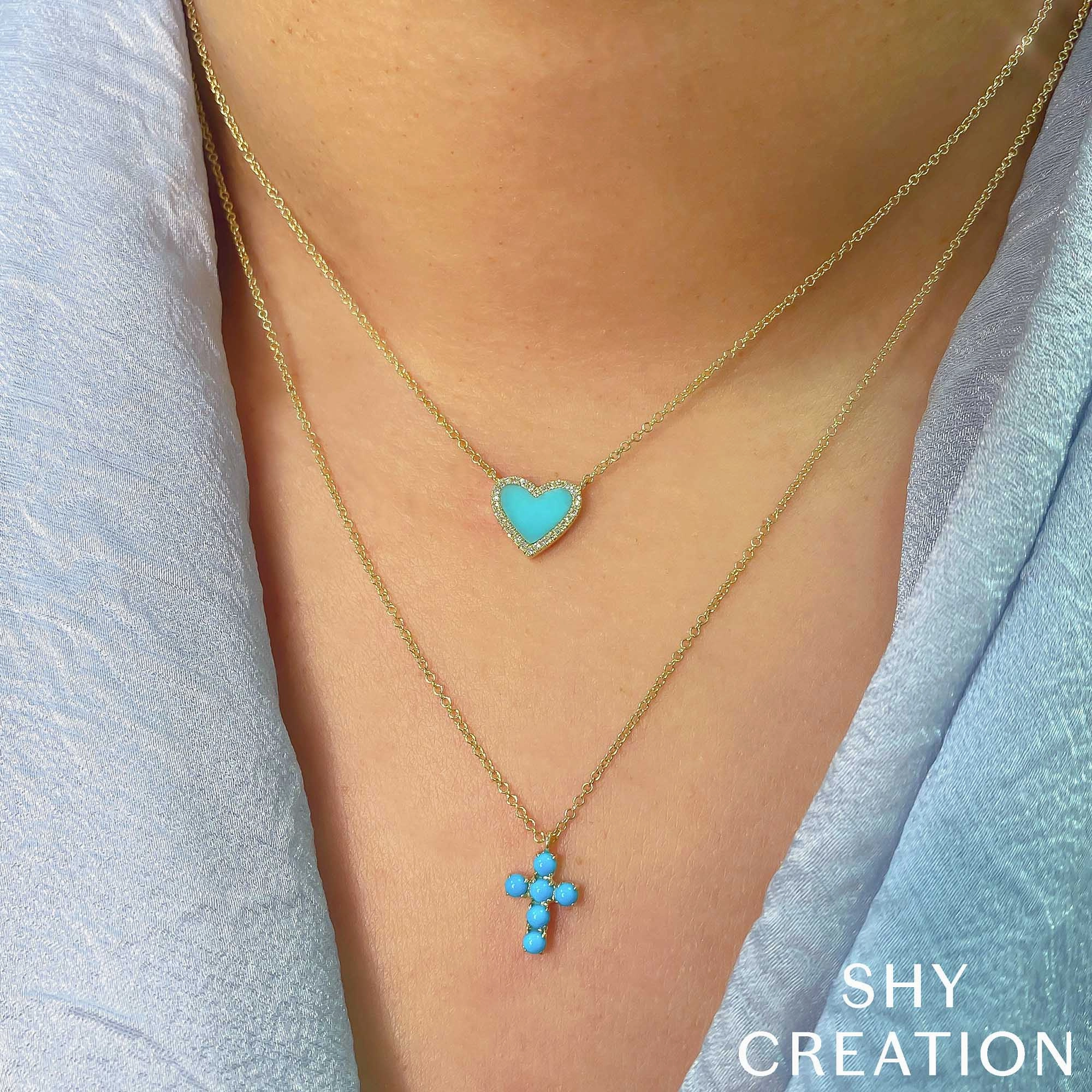 Shy Creation 0.09Ct Diamond & 0.55Ct Composite Turquoise Heart Necklace SC55012619