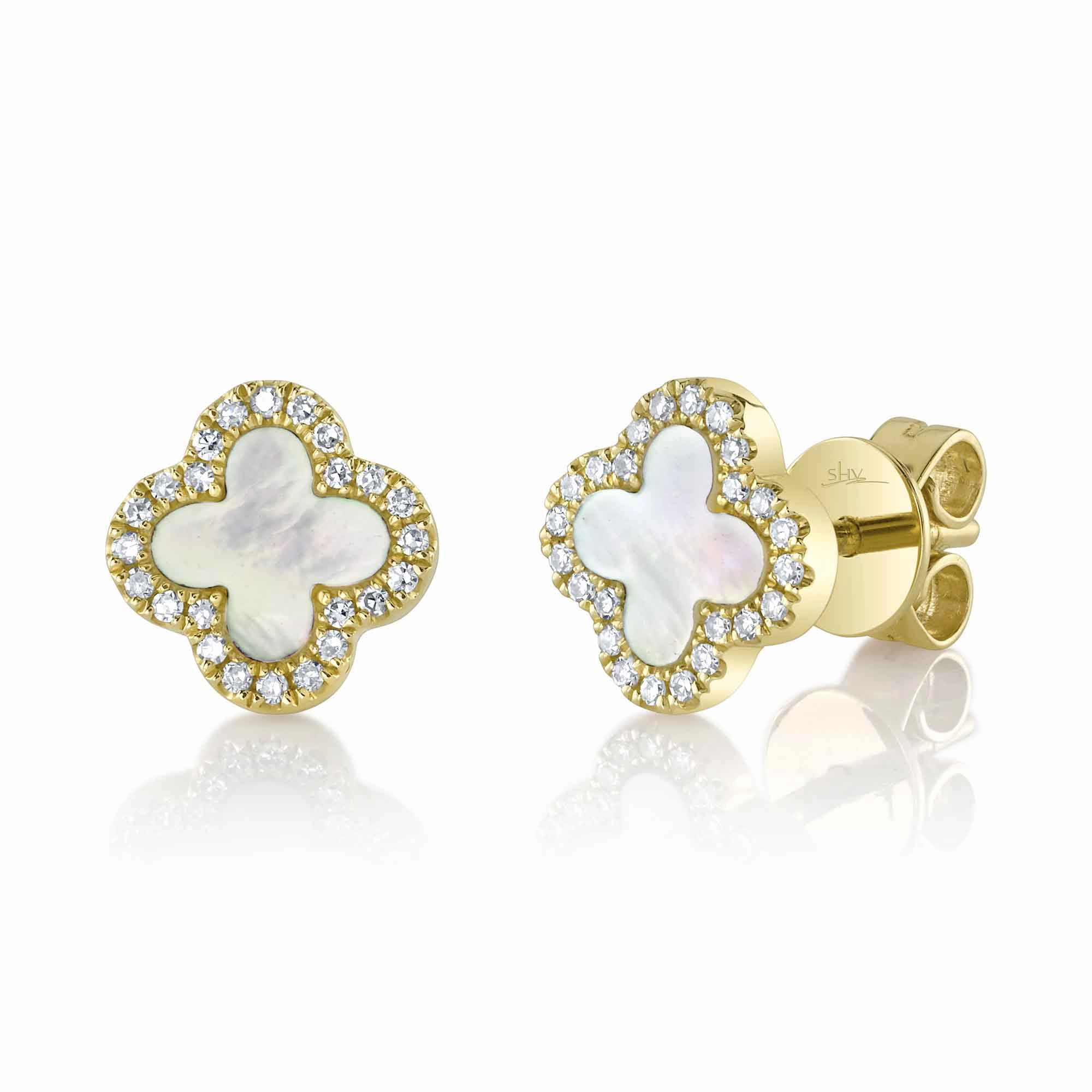 Shy Creation 0.11Ct Diamond & 0.35Ct Mother Of Pearl Clover Earring SC55025137V2