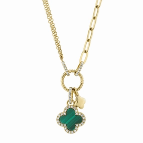 Shy Creation 0.12Ct Diamond & 0.54Ct Malachite Clover Paper Clip Link Necklace SC55023332