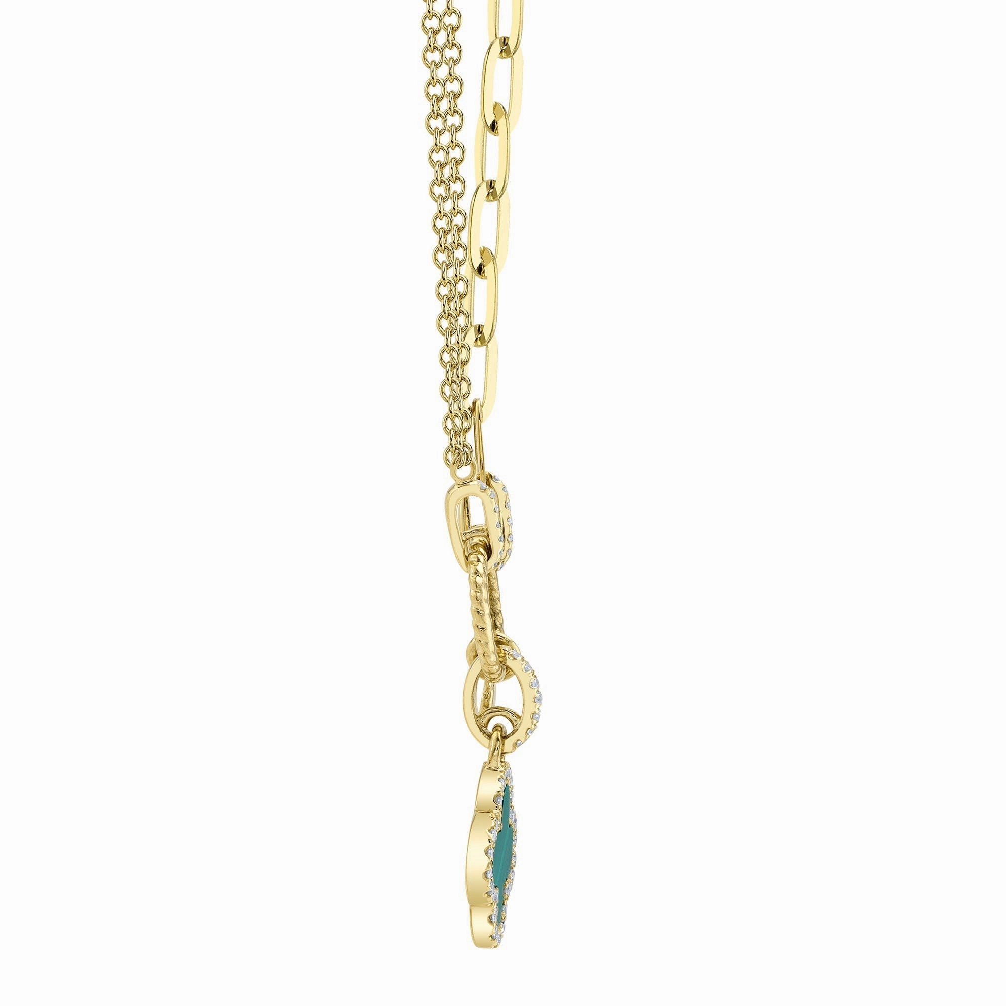 Shy Creation 0.12Ct Diamond & 0.54Ct Malachite Clover Paper Clip Link Necklace SC55023332