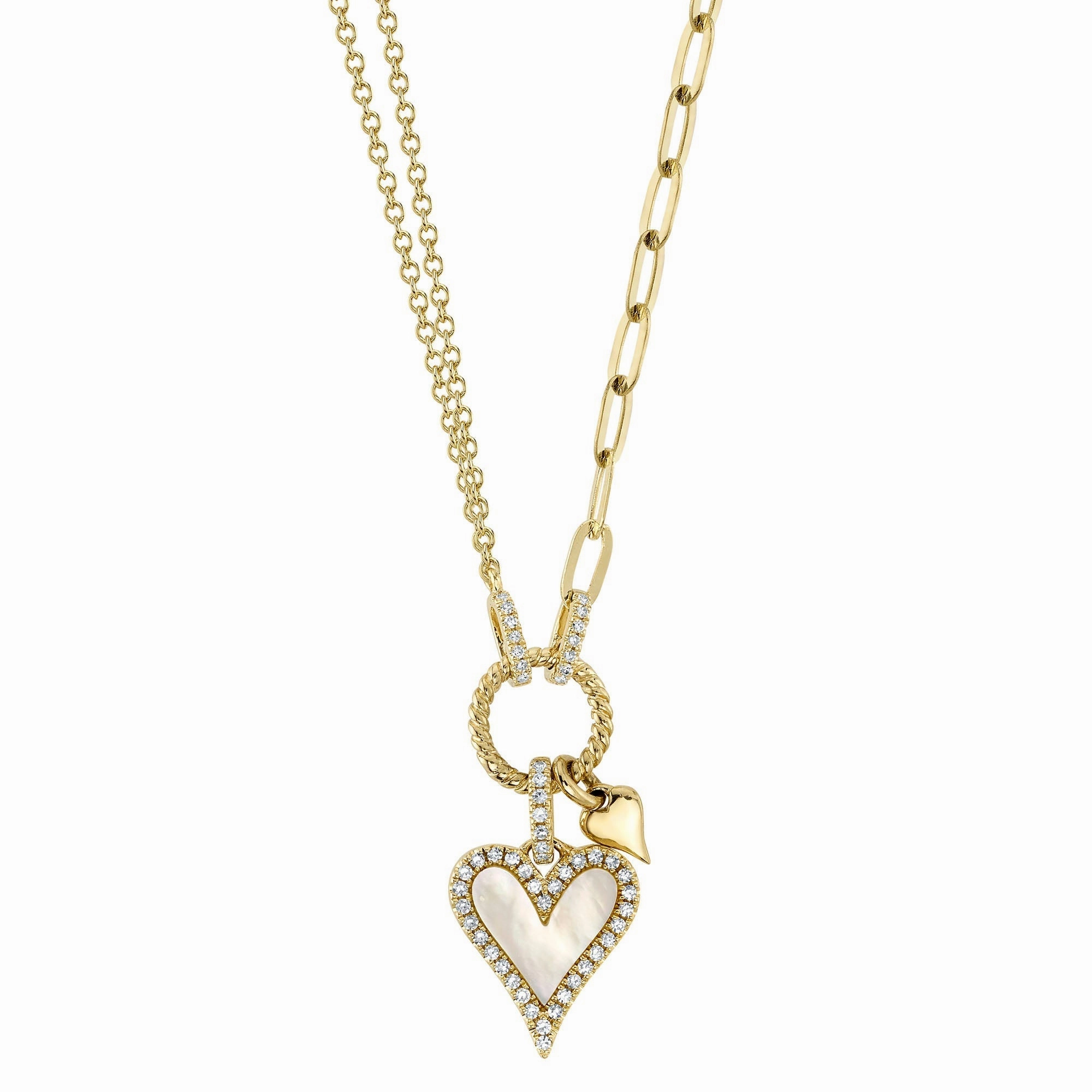 Shy Creation 0.13Ct Diamond & 0.41Ct Mother Of Pearl Heart Paper Clip Link Necklace SC55023860