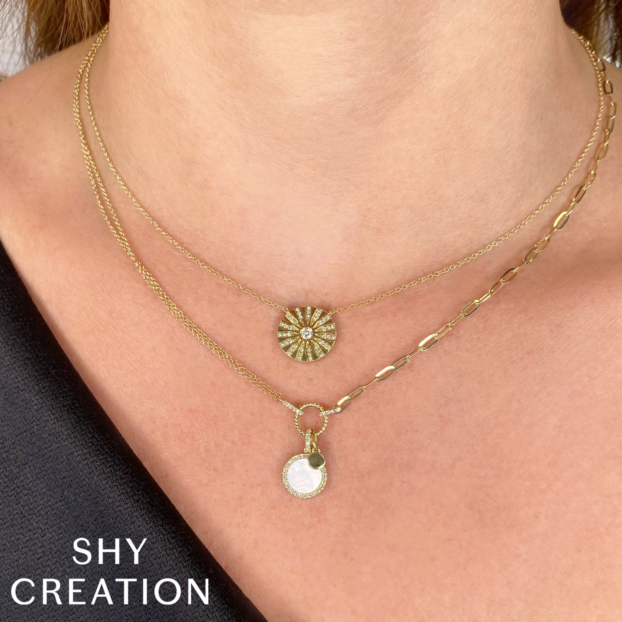 Shy Creation 0.13Ct Diamond & 0.57Ct Mother Of Pearl Circle Paper Clip Link Necklace SC55024107