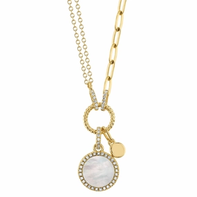 Shy Creation 0.13Ct Diamond & 0.57Ct Mother Of Pearl Circle Paper Clip Link Necklace SC55024107