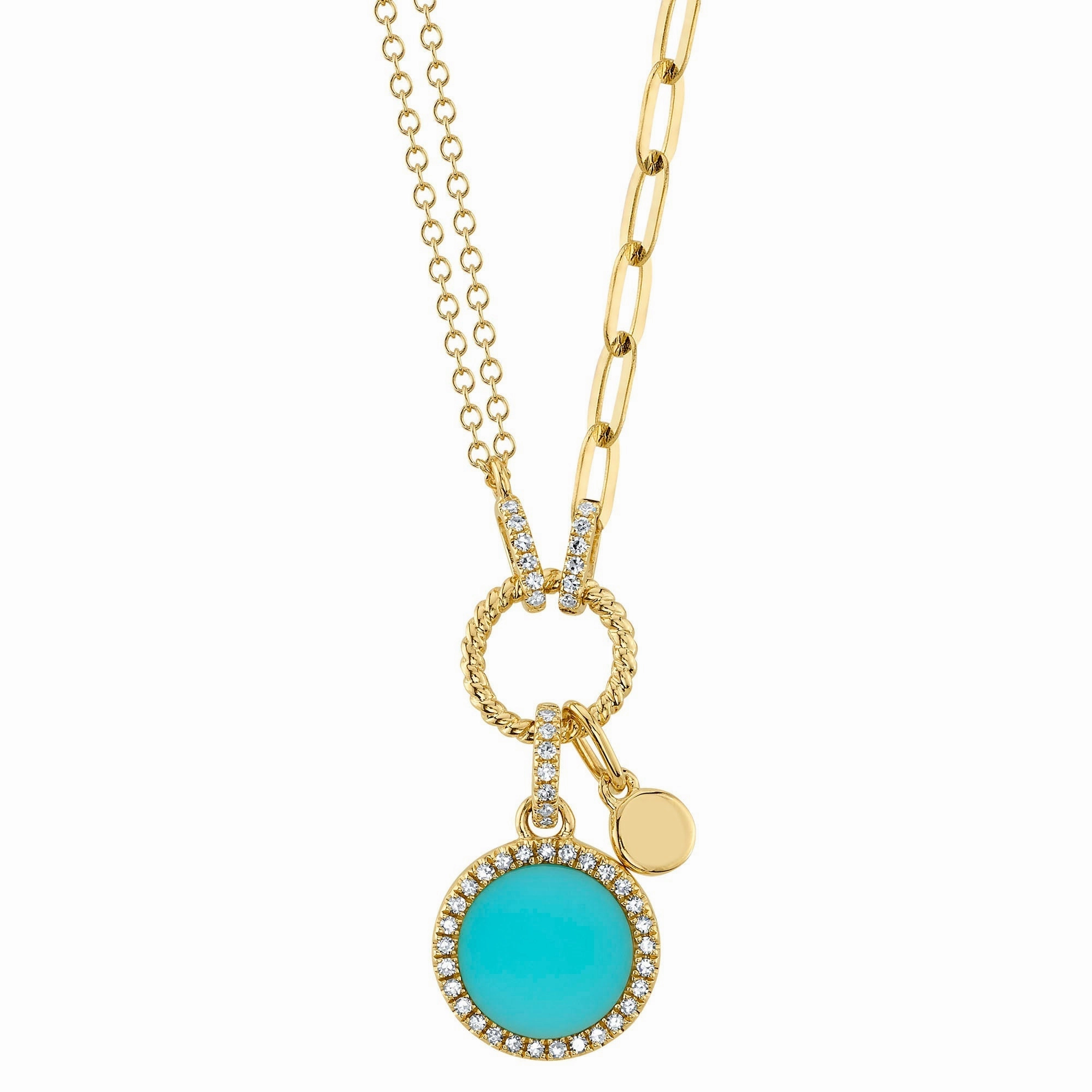 Shy Creation 0.13Ct Diamond & 0.70Ct Composite Turquoise Circle Paper Clip Link Necklace SC55024104