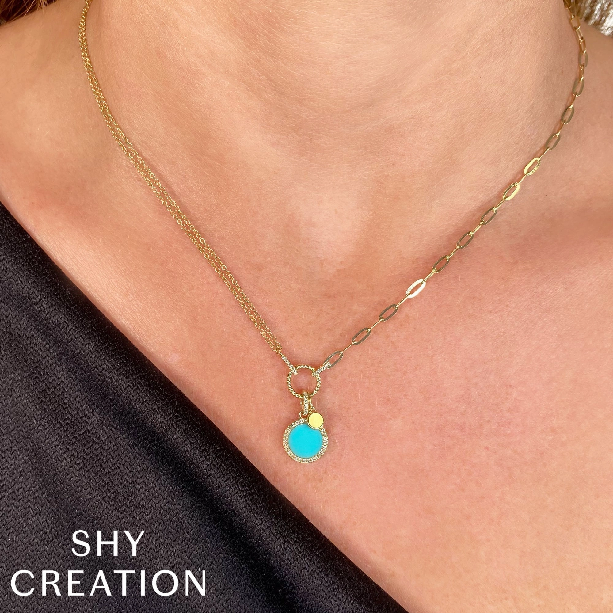 Shy Creation 0.13Ct Diamond & 0.70Ct Composite Turquoise Circle Paper Clip Link Necklace SC55024104