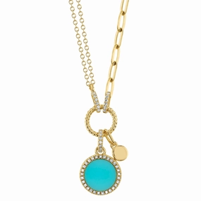 Shy Creation 0.13Ct Diamond & 0.70Ct Composite Turquoise Circle Paper Clip Link Necklace SC55024104