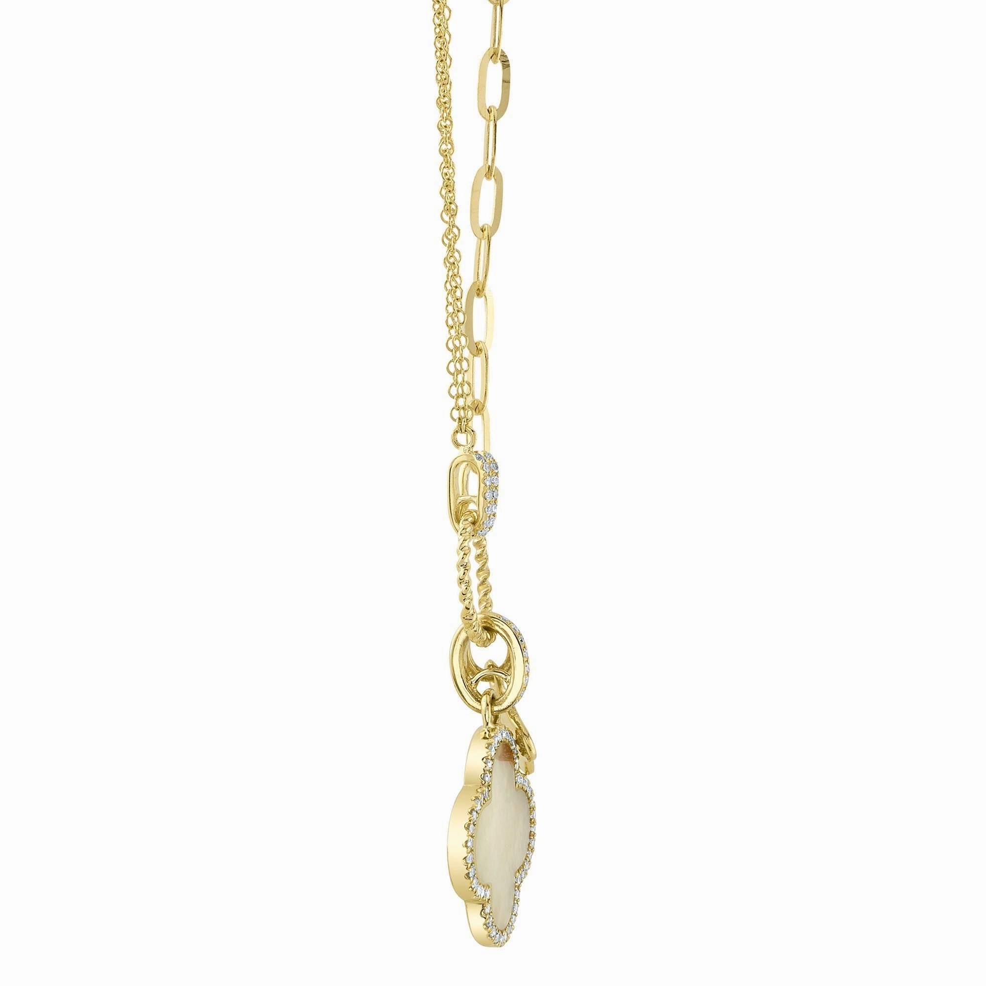 Shy Creation 0.17Ct Diamond & 1.36Ct Mother Of Pearl Clover Paper Clip Link Necklace SC55023485V2